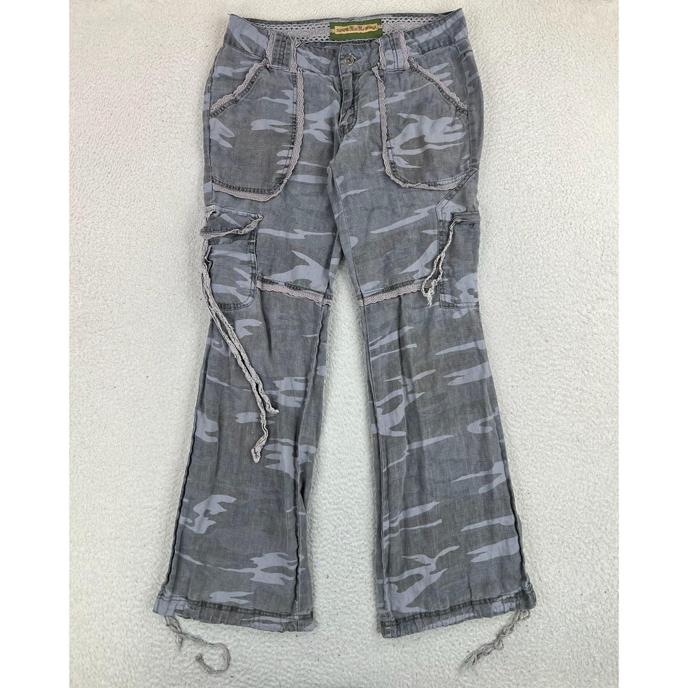 Miss Me Pants Womens Large Gray Linen Camo Cargo Bootcut Lace Crochet Trim